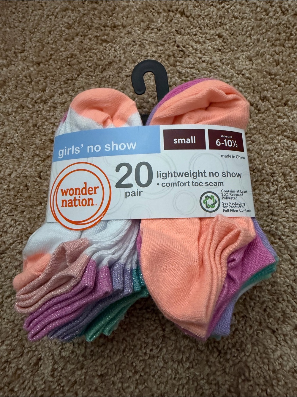Wonder Nation Girls' Lightweight No Show Socks, 20-Pair Pack Small, Shoe Size 6